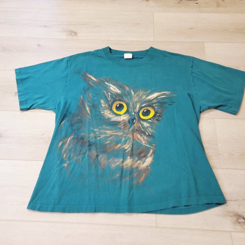 Vtg Single Stitch Painted Spotted Owl 90's USA Green Short Sleeve Shirt Medium
